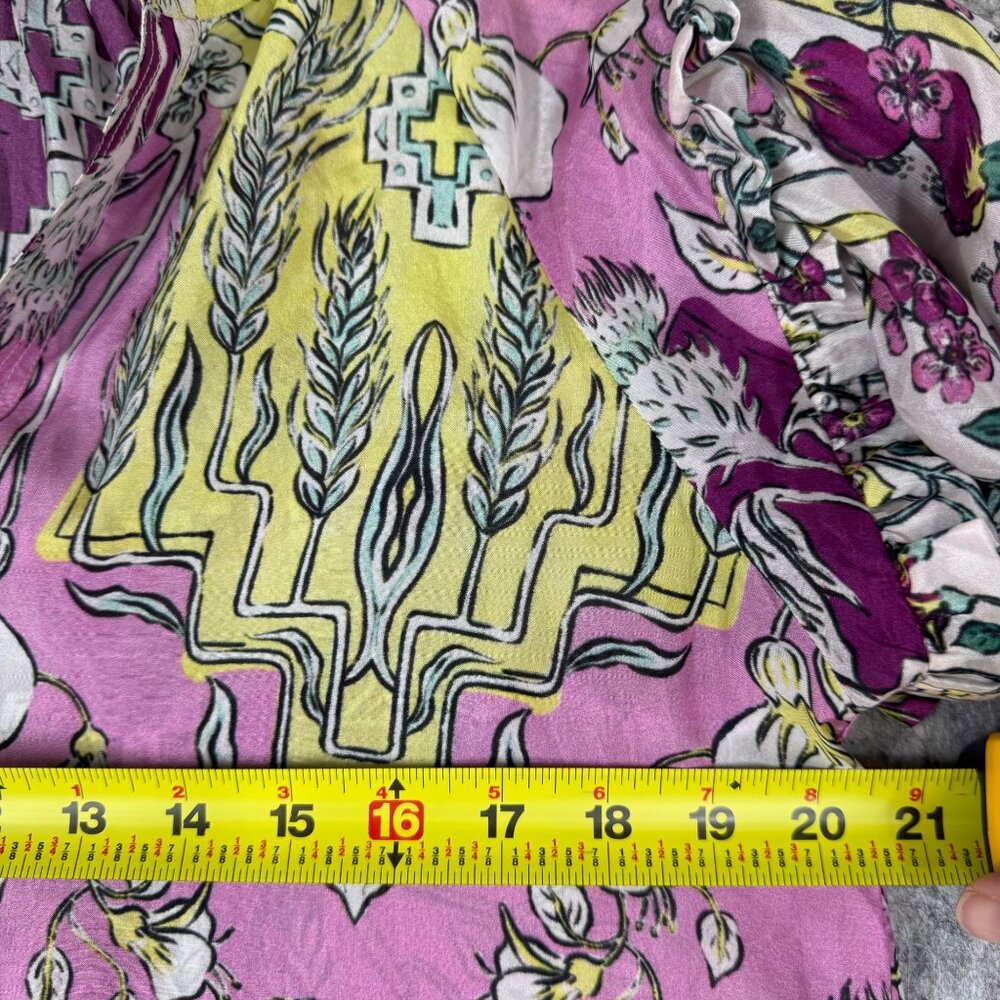 Mariacher PInk Luli Blouse 100% Silk Floral Short Sleeve Ruffled V Neck Sz M - Picture 7 of 13